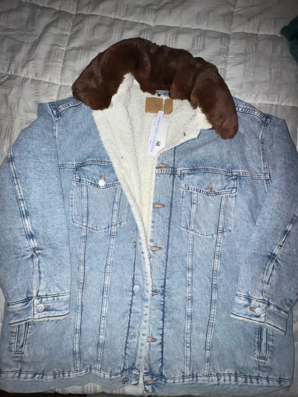 H&M Light Blue Denim Jacket with Brown Faux Fur Collar